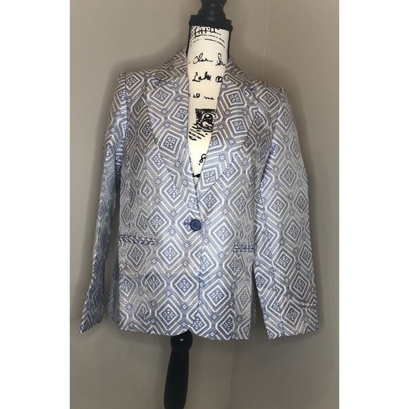 NEW Appleseeds Blazer Womens‎ 10 Blue White Suit Jacket Geometric Woven - Picture 2 of 10